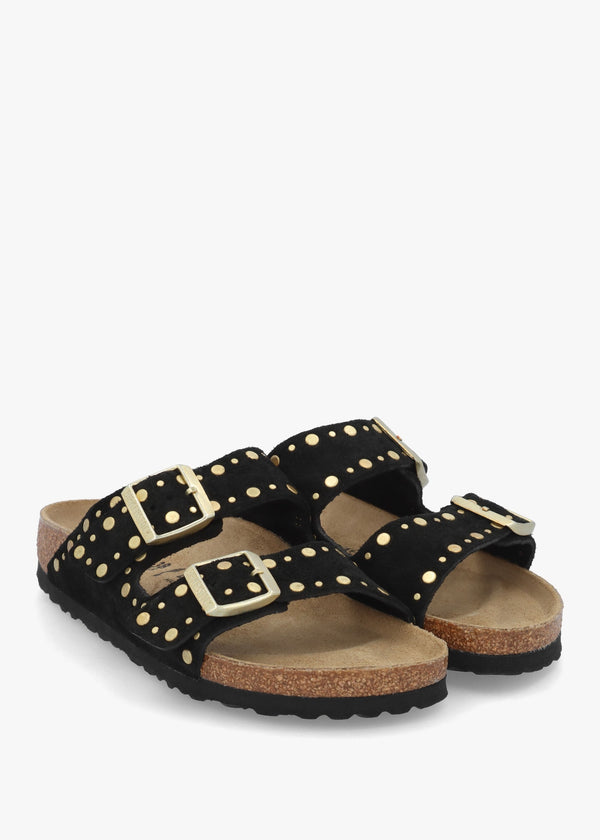 Arizona Rivet Border Black Suede Two Bar Mules