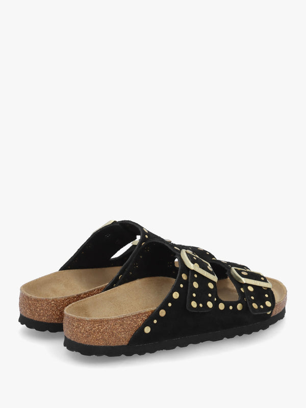 Arizona Rivet Border Black Suede Two Bar Mules