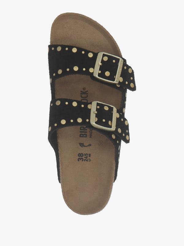 Arizona Rivet Border Black Suede Two Bar Mules