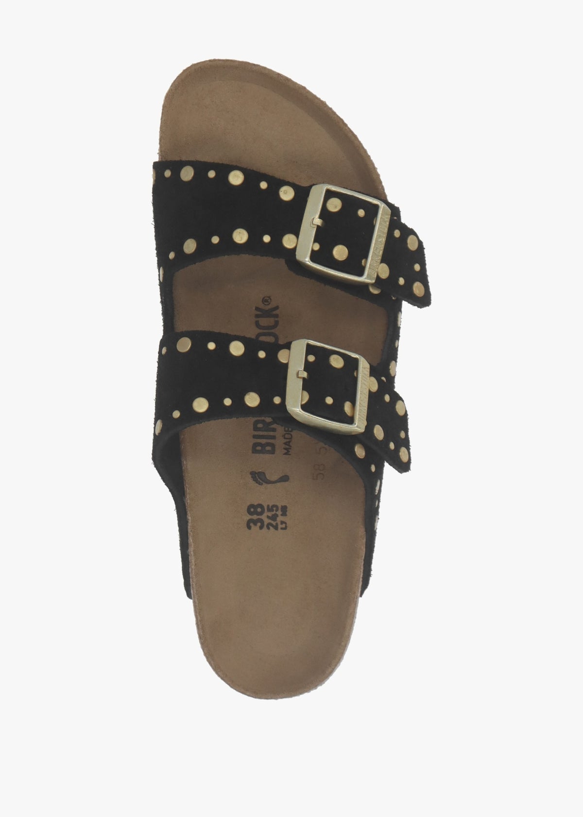 Arizona Rivet Border Black Suede Two Bar Mules