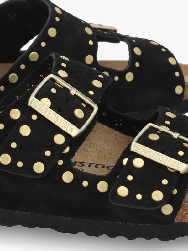 Arizona Rivet Border Black Suede Two Bar Mules