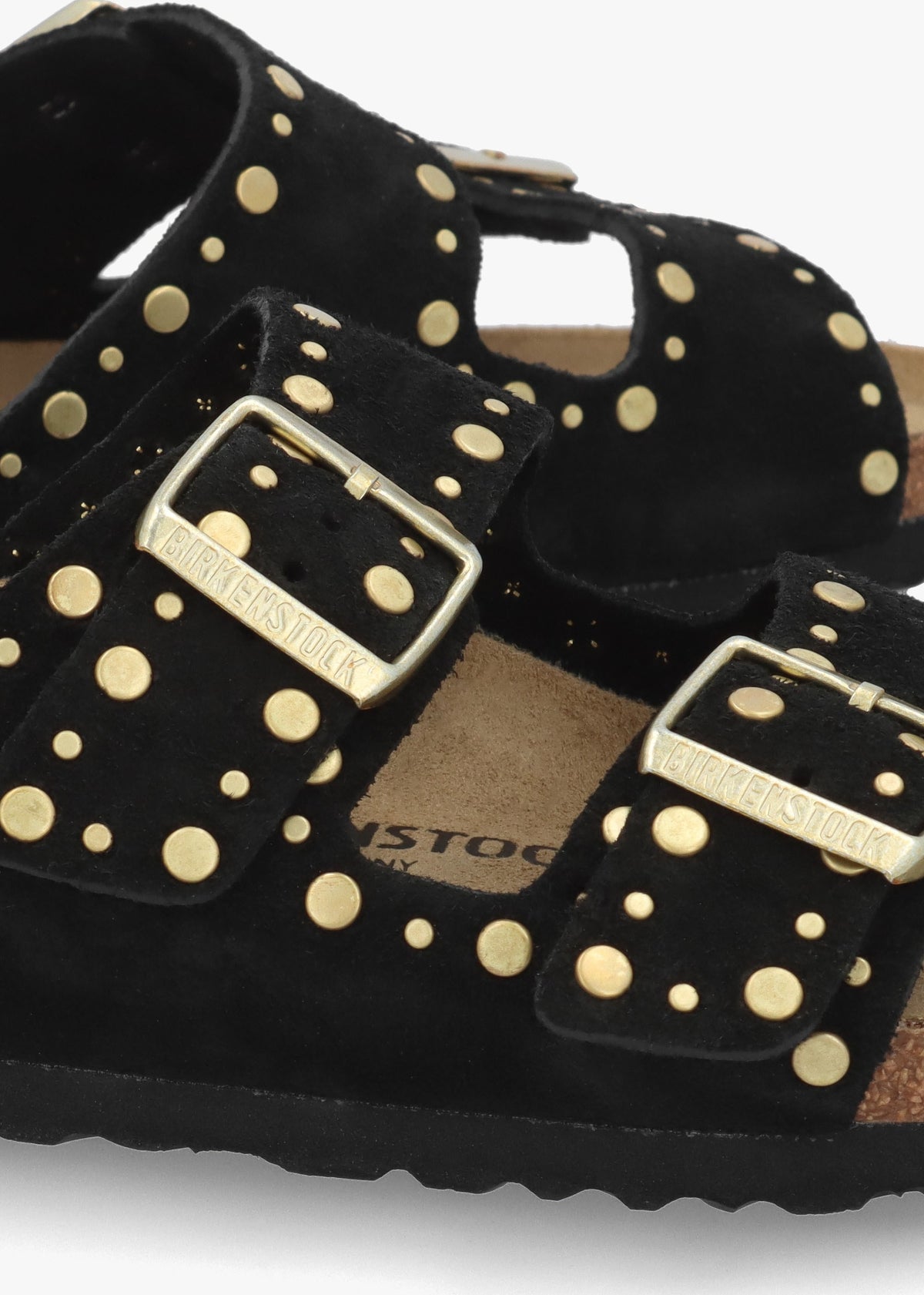 Arizona Rivet Border Black Suede Two Bar Mules