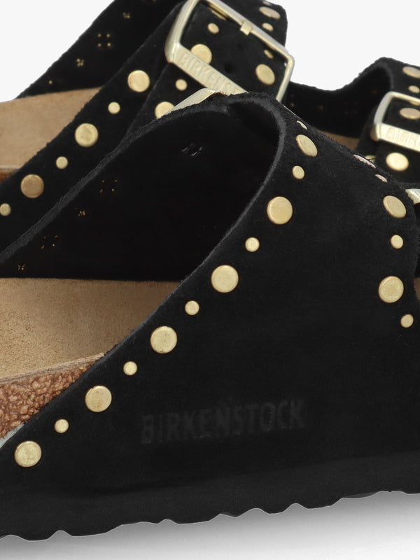 Arizona Rivet Border Black Suede Two Bar Mules