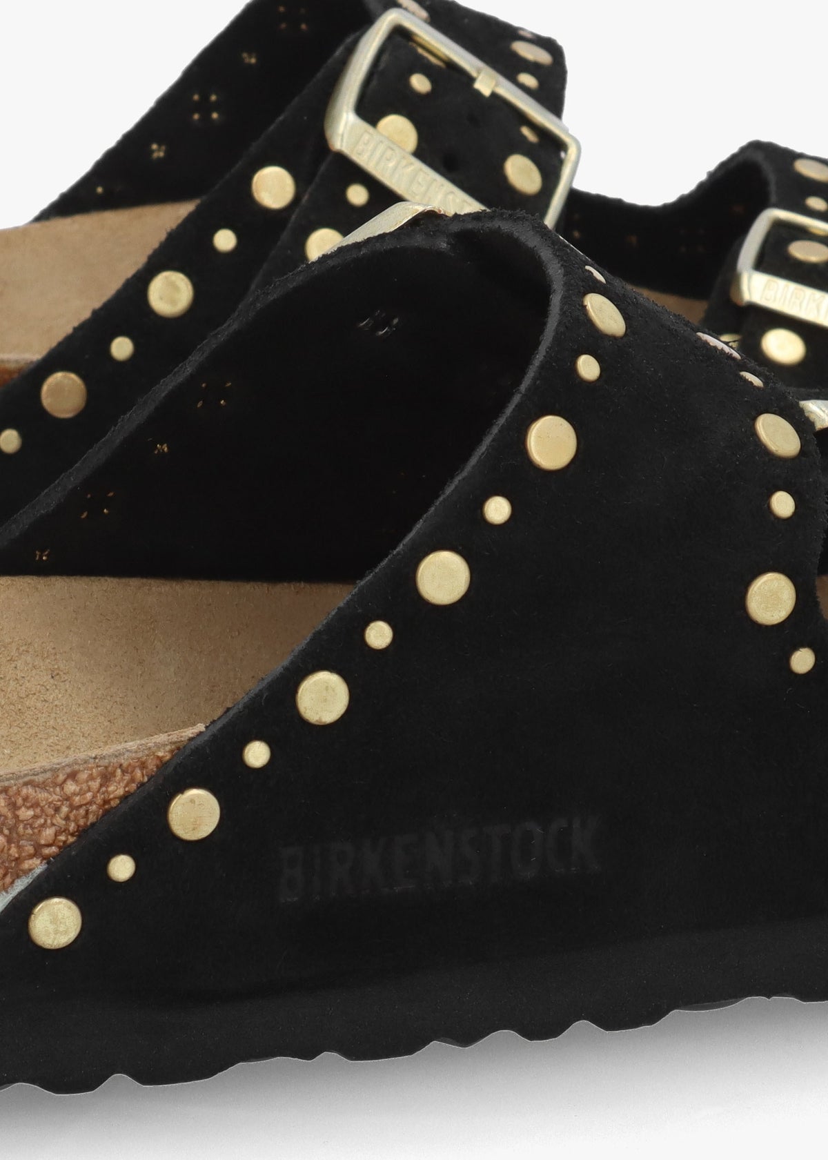 Arizona Rivet Border Black Suede Two Bar Mules