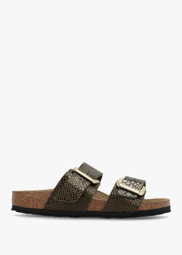 Sydney Cushion Buckle Shiny Snake Sage Two Bar Mules