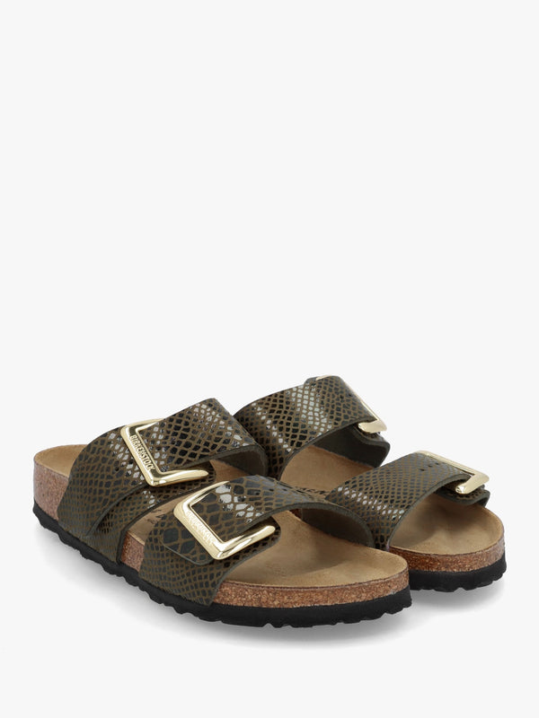 Sydney Cushion Buckle Shiny Snake Sage Two Bar Mules