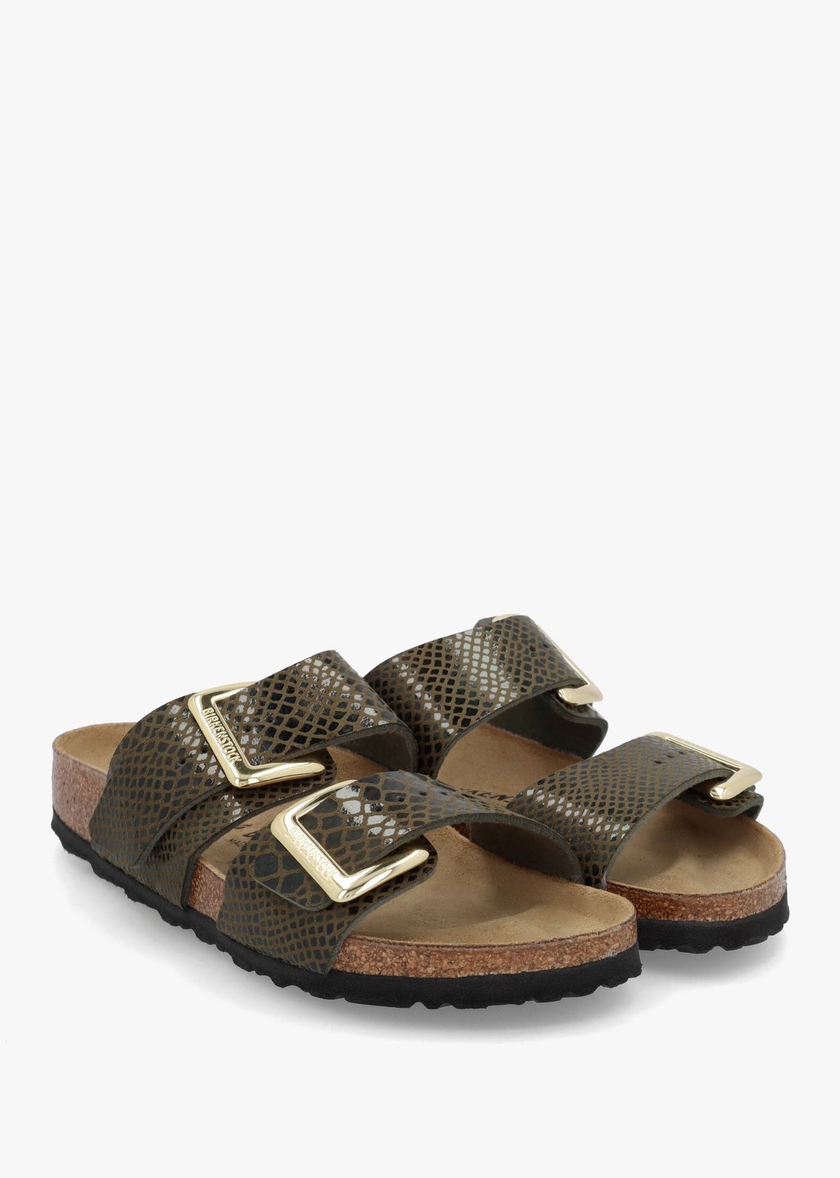 Sydney Cushion Buckle Shiny Snake Sage Two Bar Mules