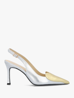 Elove Silver Heart Toe Cap Leather Heeled Sling Backs