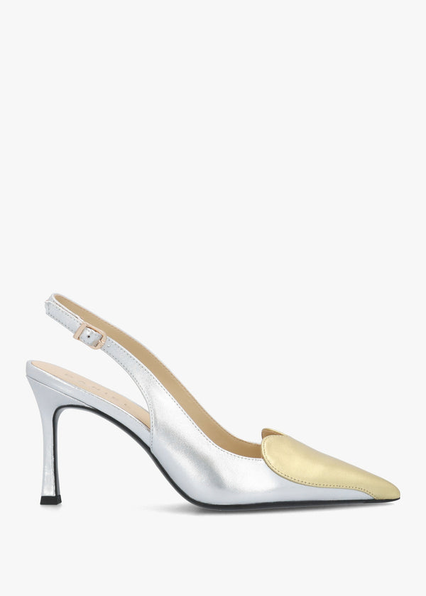 Elove Silver Heart Toe Cap Leather Heeled Sling Backs