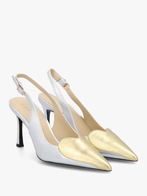 Elove Silver Heart Toe Cap Leather Heeled Sling Backs