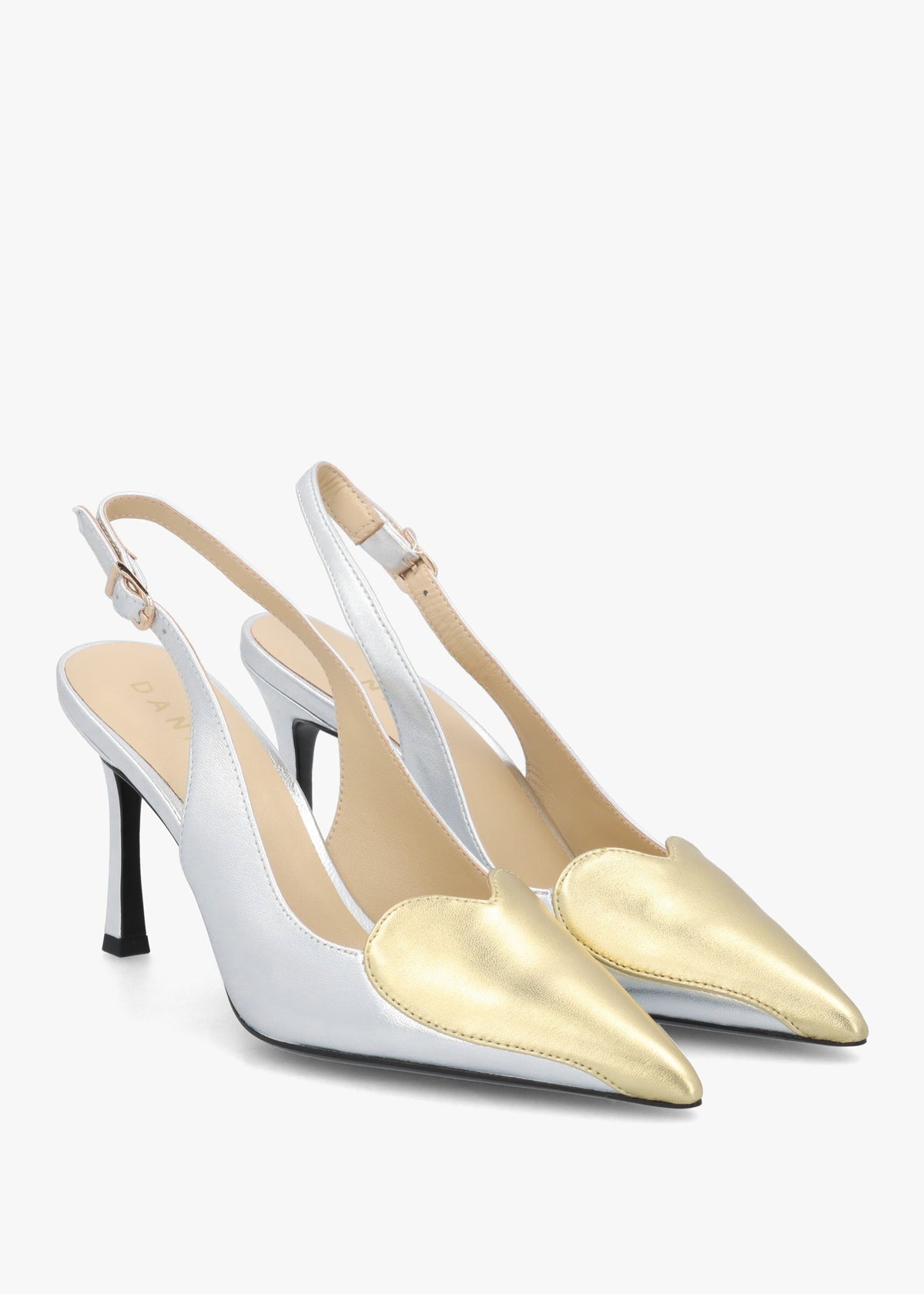 Elove Silver Heart Toe Cap Leather Heeled Sling Backs