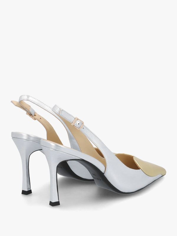 Elove Silver Heart Toe Cap Leather Heeled Sling Backs