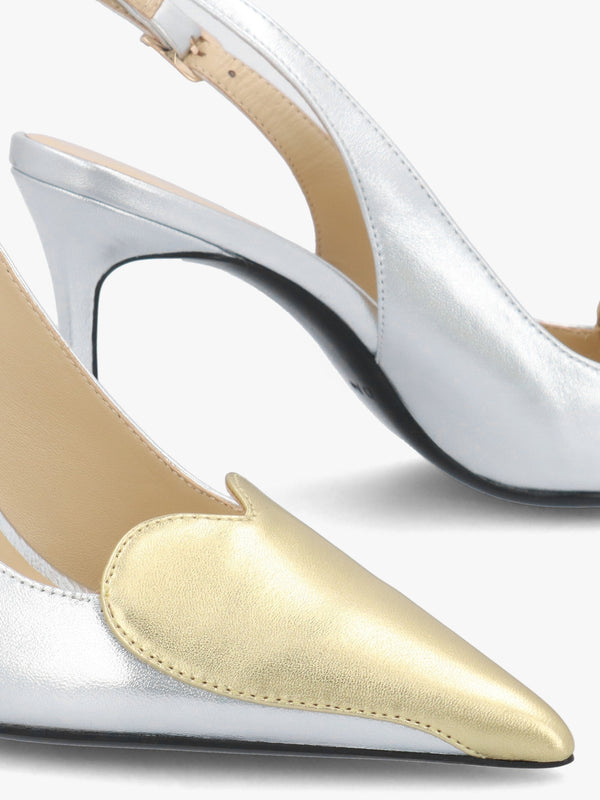 Elove Silver Heart Toe Cap Leather Heeled Sling Backs