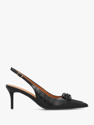 Eppie Black Leather Moc Croc Mid Heel Sling Back Shoes