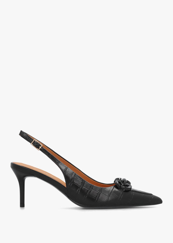 Eppie Black Leather Moc Croc Mid Heel Sling Back Shoes