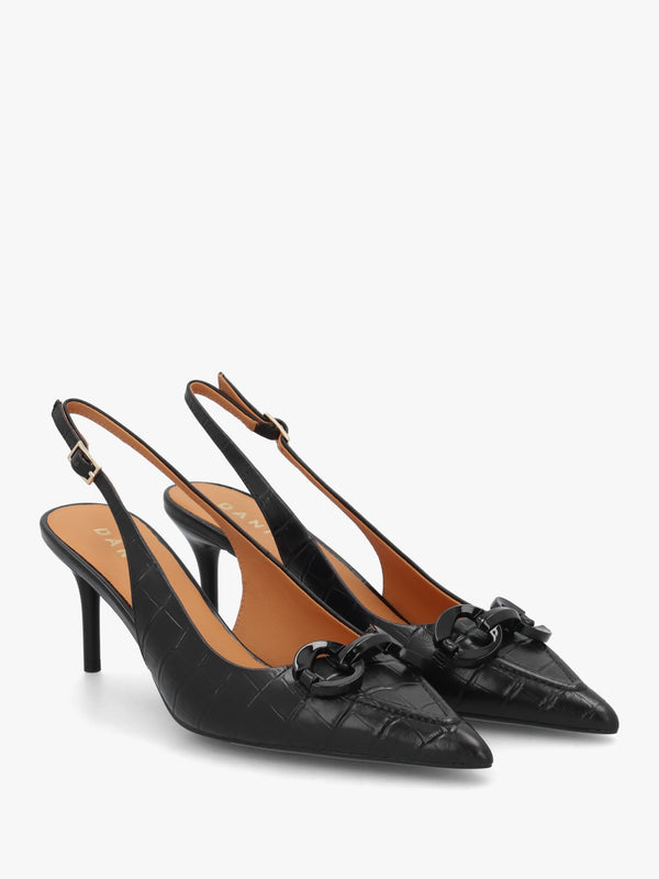 Eppie Black Leather Moc Croc Mid Heel Sling Back Shoes