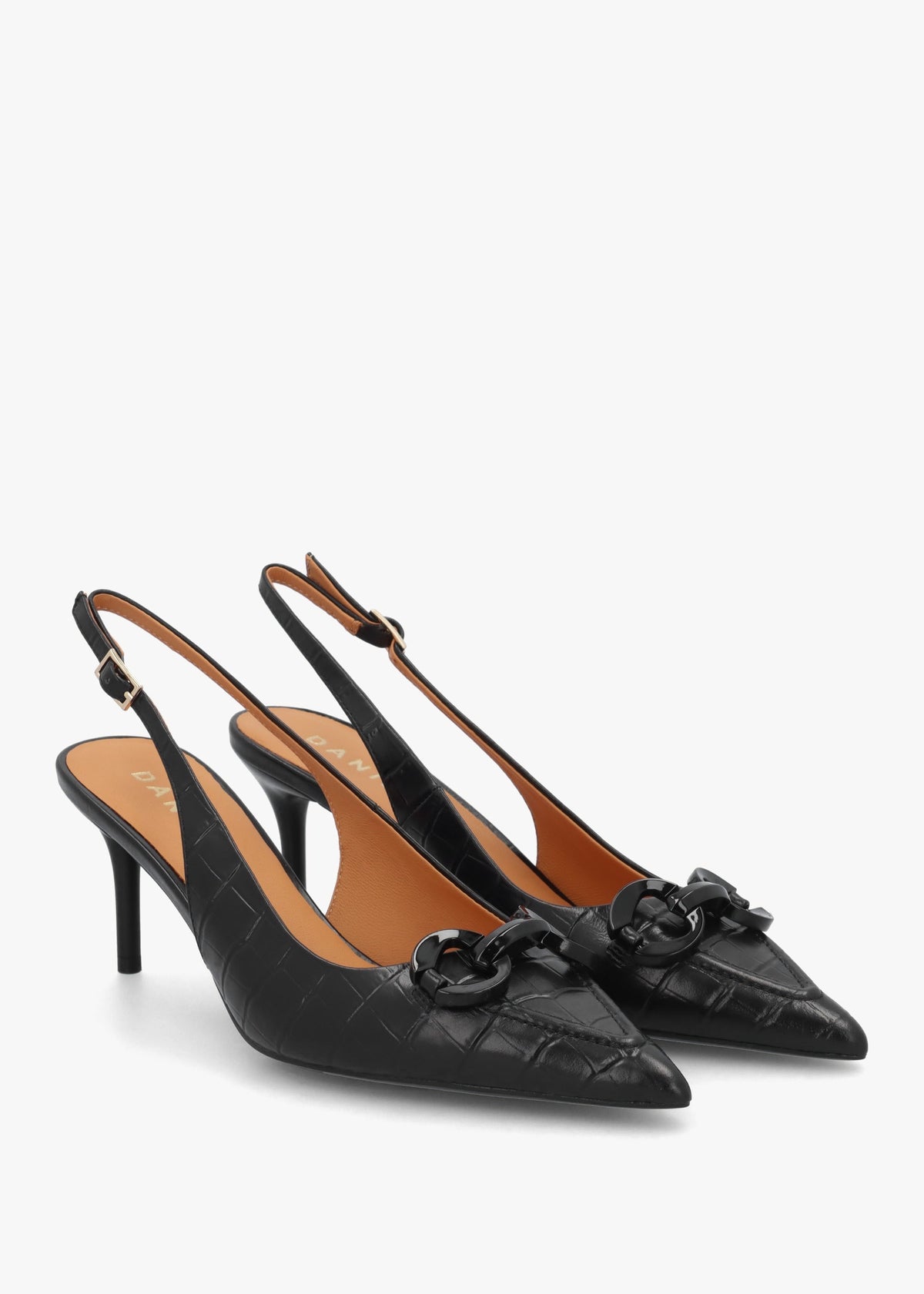 Eppie Black Leather Moc Croc Mid Heel Sling Back Shoes