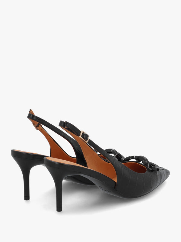 Eppie Black Leather Moc Croc Mid Heel Sling Back Shoes