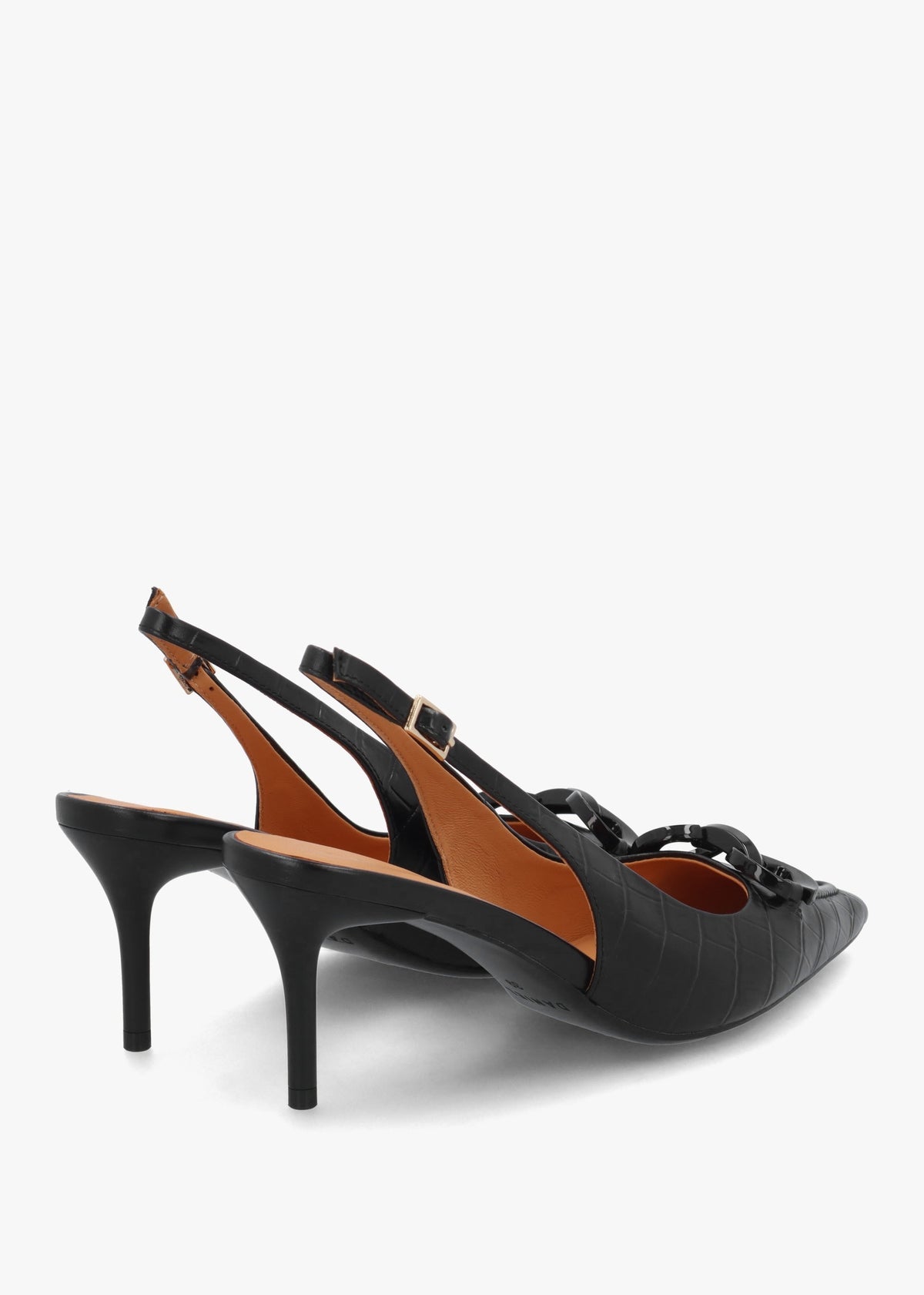 Eppie Black Leather Moc Croc Mid Heel Sling Back Shoes