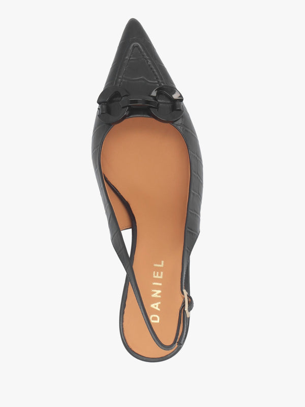 Eppie Black Leather Moc Croc Mid Heel Sling Back Shoes