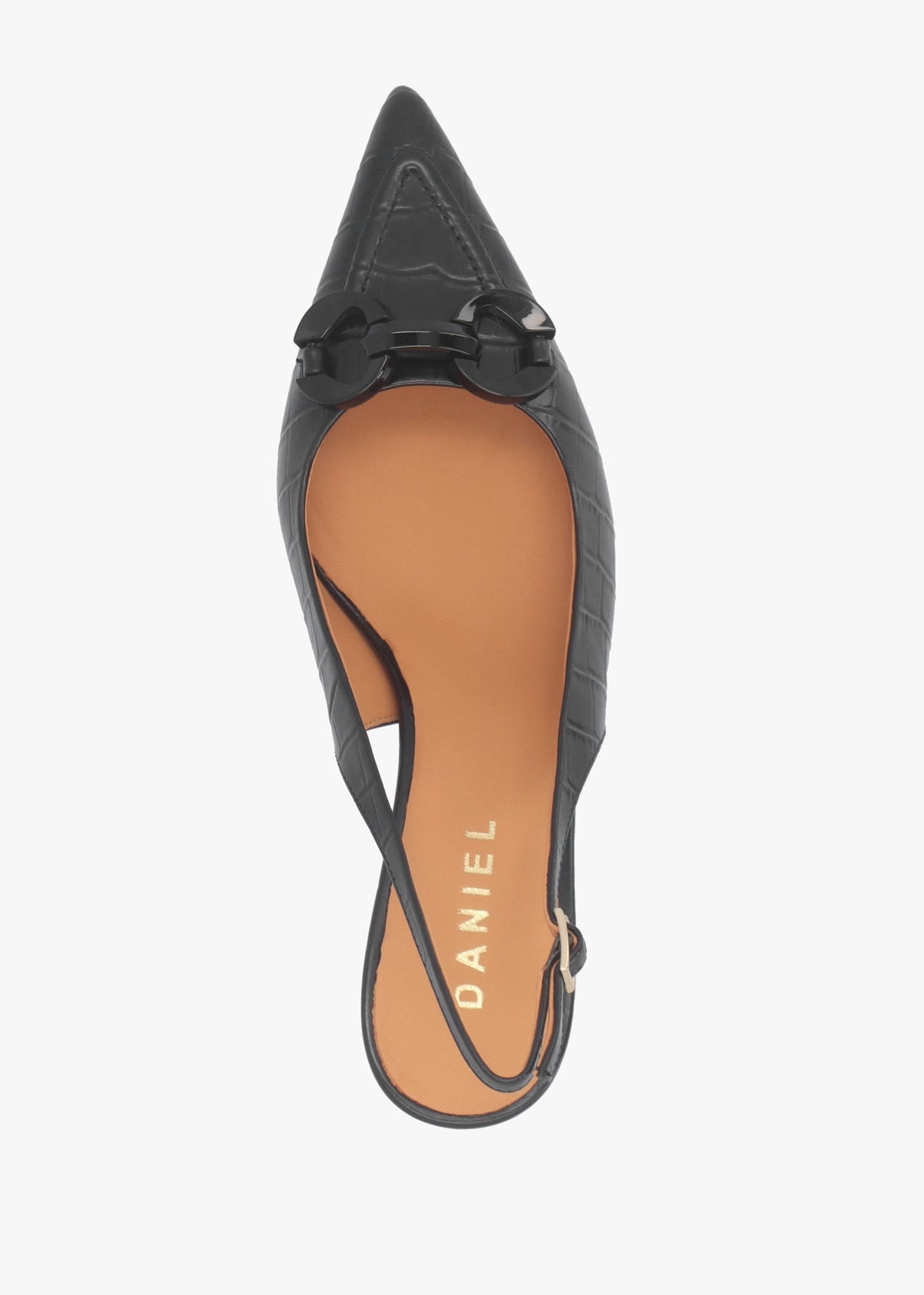 Eppie Black Leather Moc Croc Mid Heel Sling Back Shoes