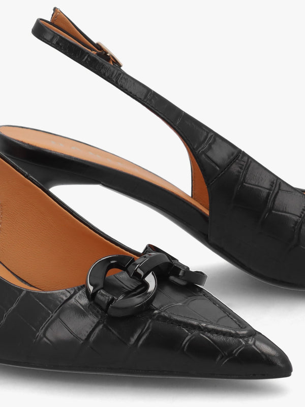 Eppie Black Leather Moc Croc Mid Heel Sling Back Shoes