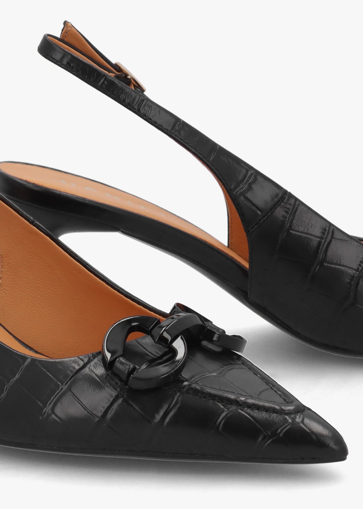 Eppie Black Leather Moc Croc Mid Heel Sling Back Shoes
