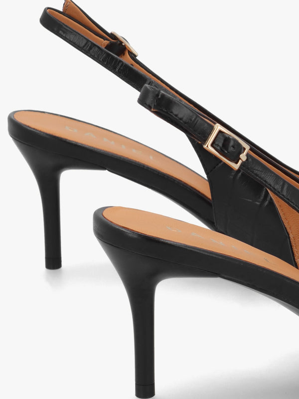 Eppie Black Leather Moc Croc Mid Heel Sling Back Shoes
