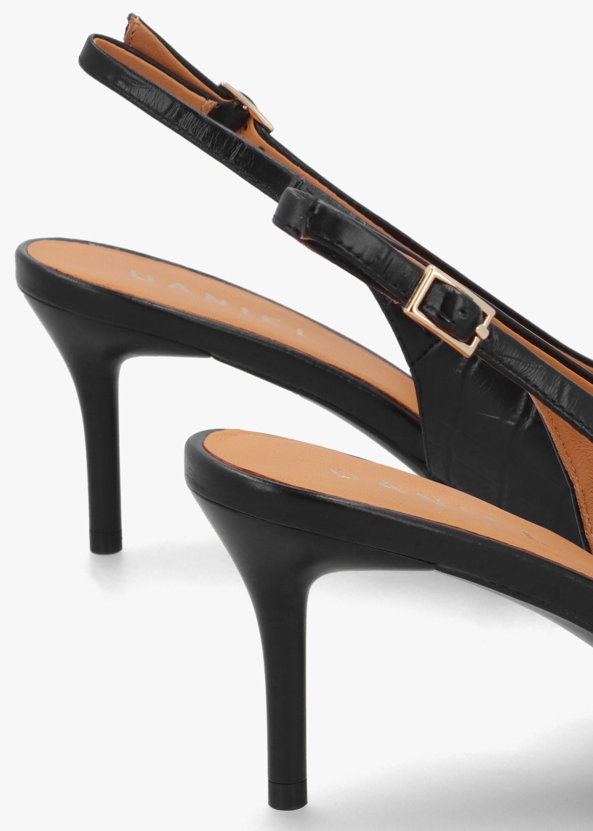 Eppie Black Leather Moc Croc Mid Heel Sling Back Shoes