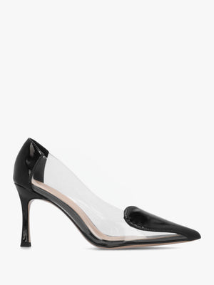 Elove Perspex Black Leather Heart Toe Cap Court Shoes
