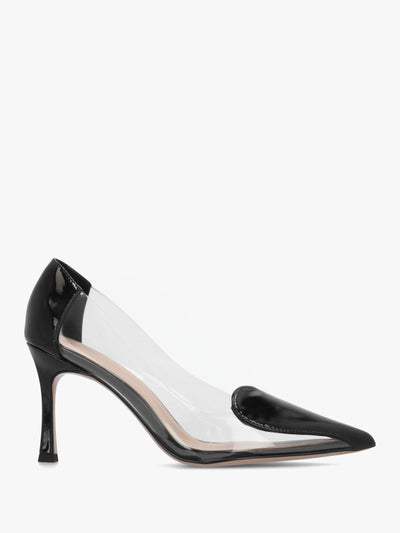 Elove Perspex Black Leather Heart Toe Cap Court Shoes