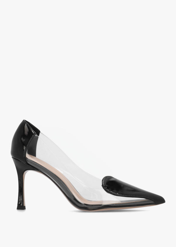 Elove Perspex Black Leather Heart Toe Cap Court Shoes