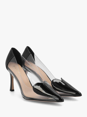 Elove Perspex Black Leather Heart Toe Cap Court Shoes