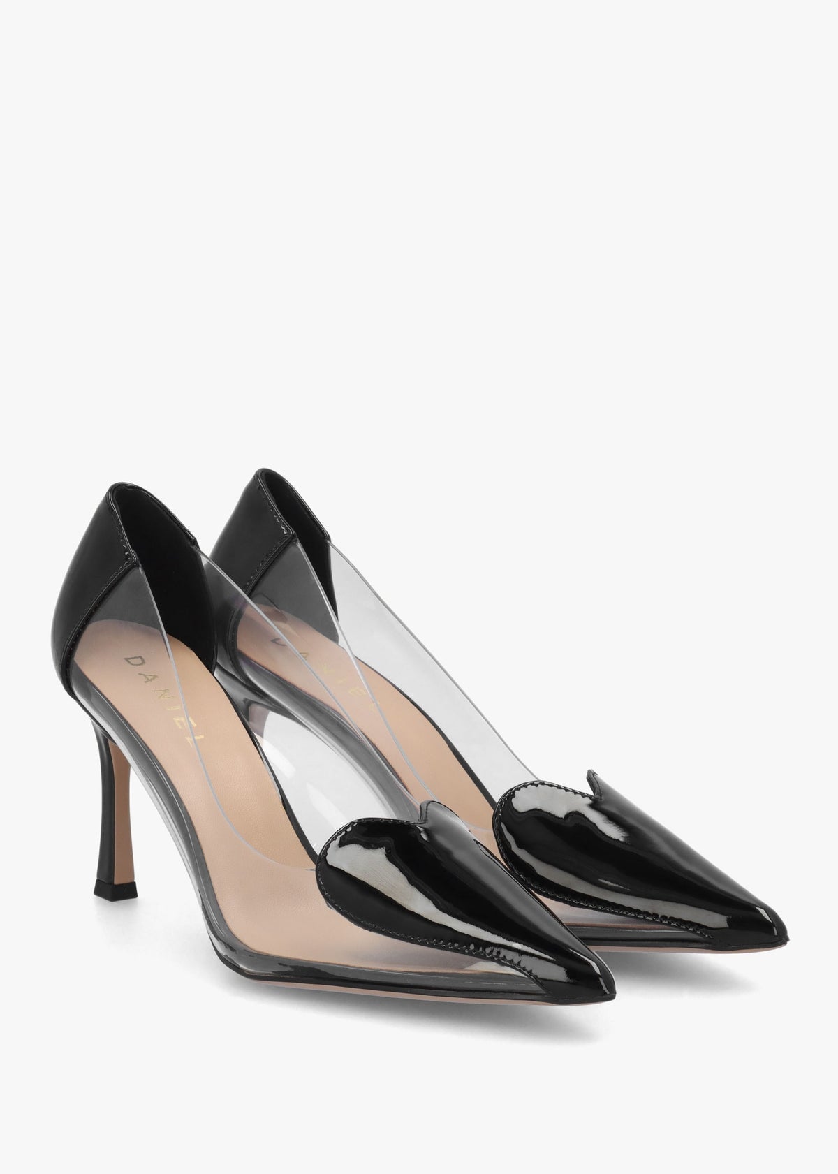 Elove Perspex Black Leather Heart Toe Cap Court Shoes