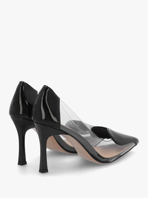 Elove Perspex Black Leather Heart Toe Cap Court Shoes
