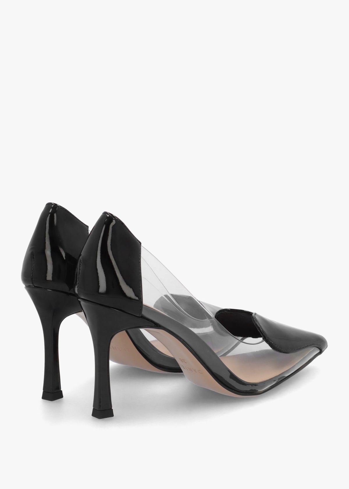 Elove Perspex Black Leather Heart Toe Cap Court Shoes