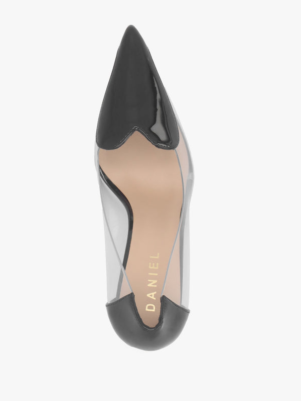 Elove Perspex Black Leather Heart Toe Cap Court Shoes