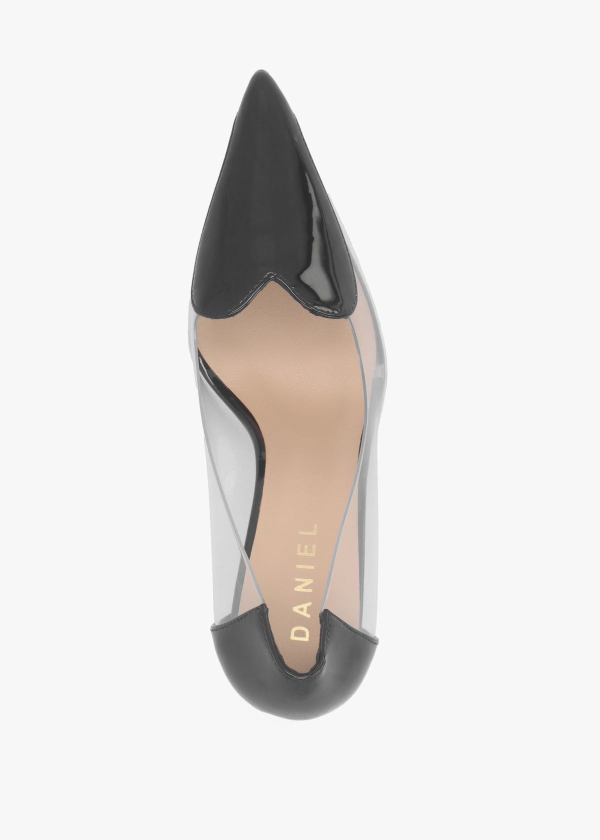 Elove Perspex Black Leather Heart Toe Cap Court Shoes
