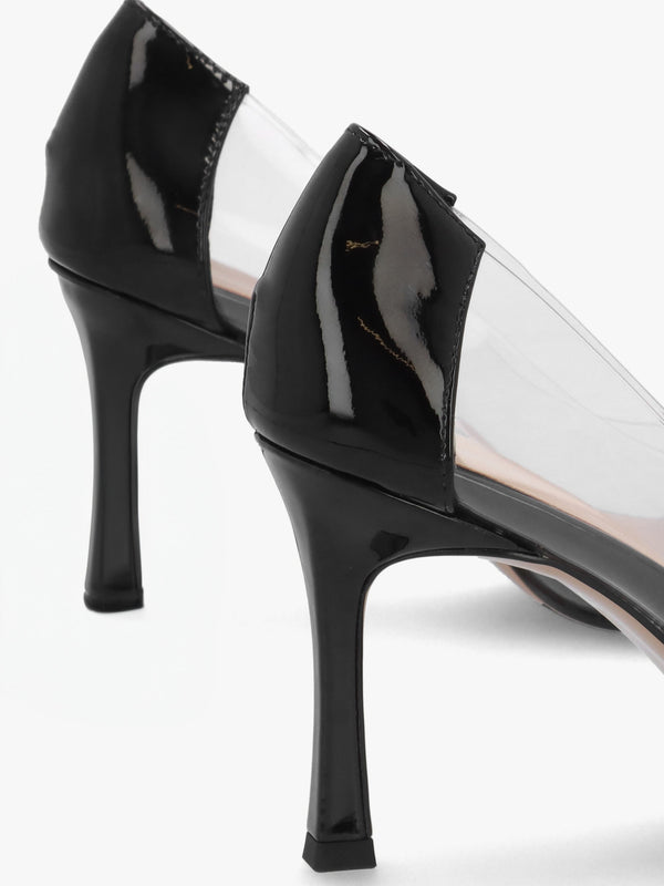 Elove Perspex Black Leather Heart Toe Cap Court Shoes