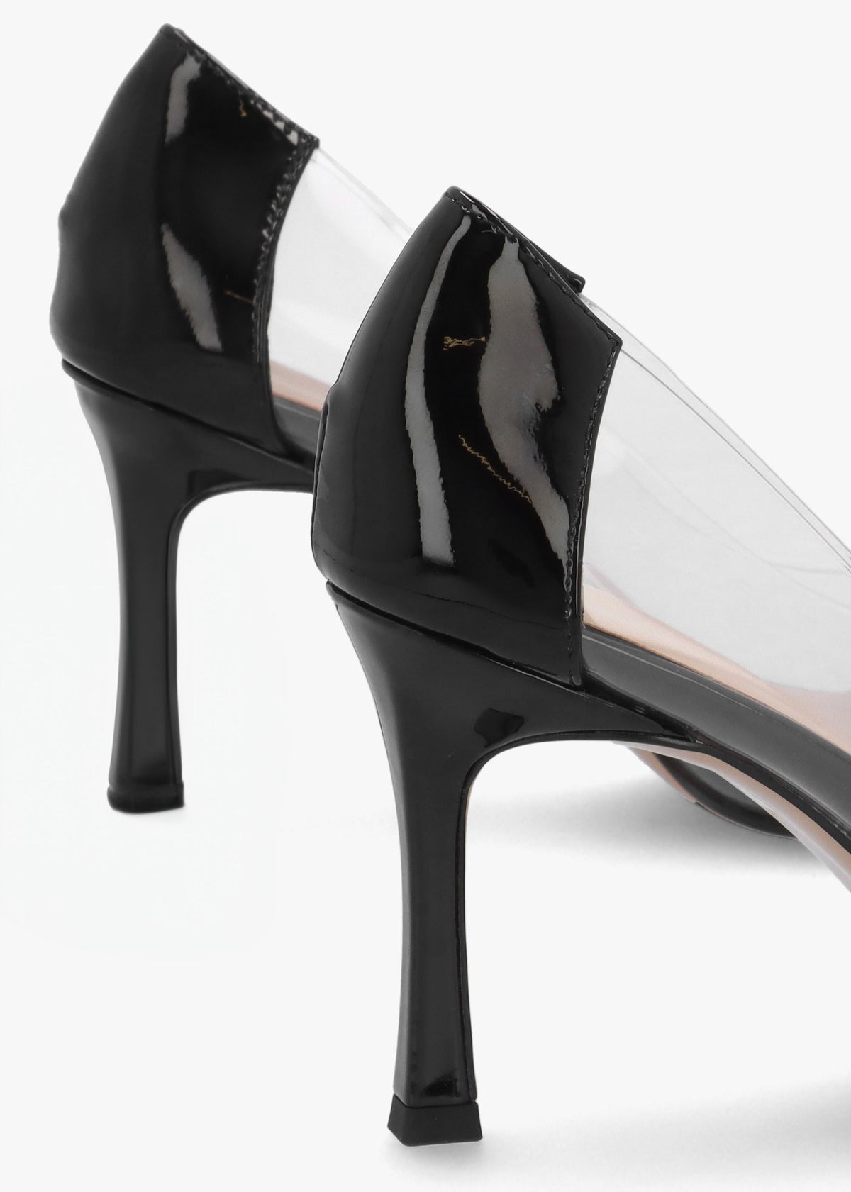 Elove Perspex Black Leather Heart Toe Cap Court Shoes