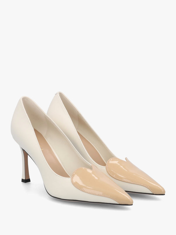 Elove Cream Leather Nude Heart Toe Cap Court Shoes