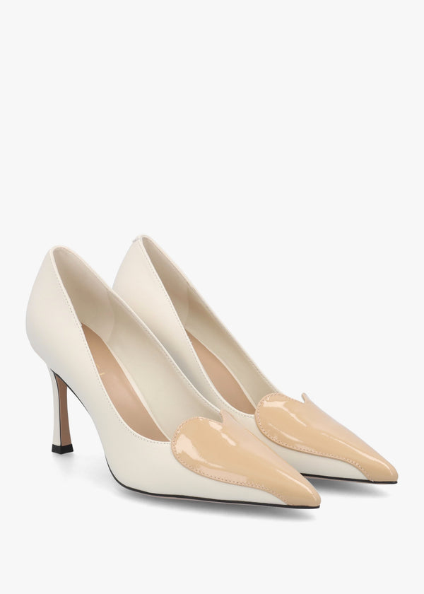 Elove Cream Leather Nude Heart Toe Cap Court Shoes