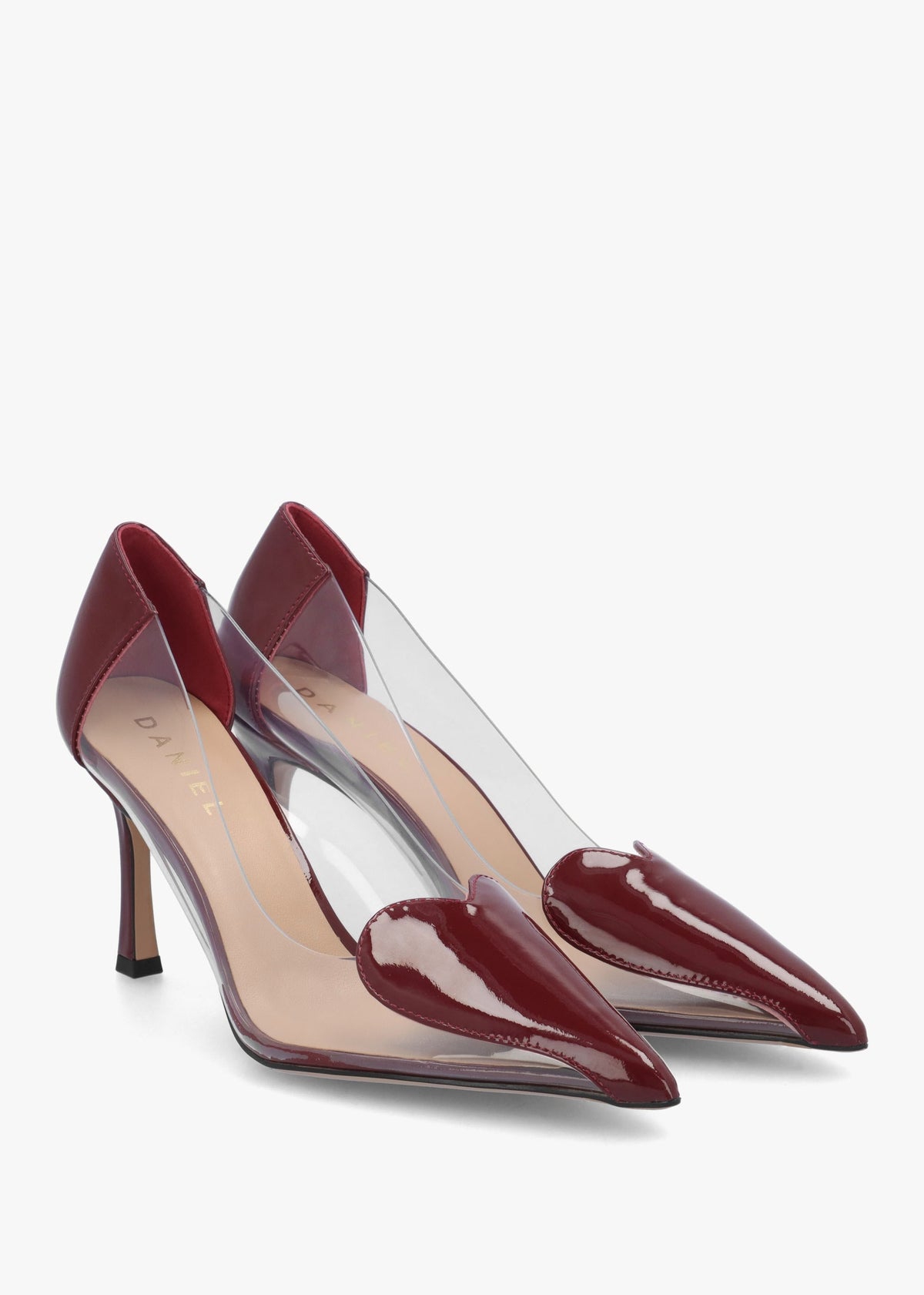 Elove Perspex Burgundy Leather Heart Toe Cap Court Shoes