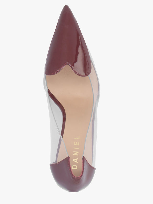 Elove Perspex Burgundy Leather Heart Toe Cap Court Shoes