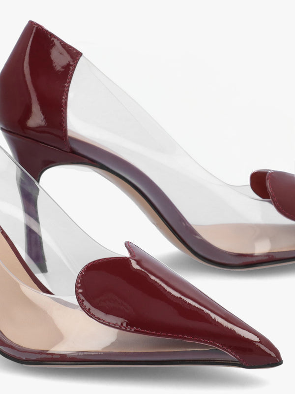 Elove Perspex Burgundy Leather Heart Toe Cap Court Shoes