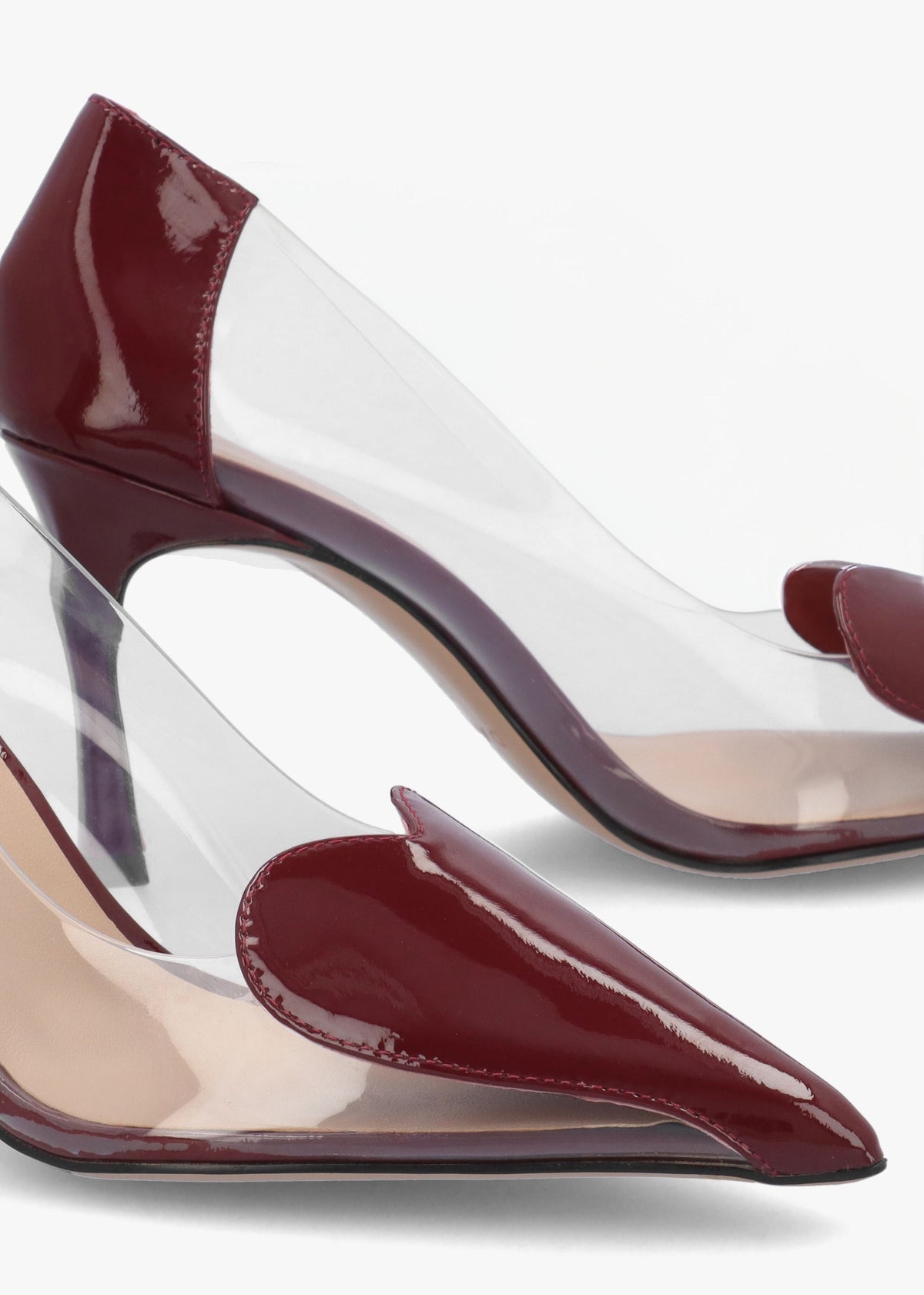 Elove Perspex Burgundy Leather Heart Toe Cap Court Shoes