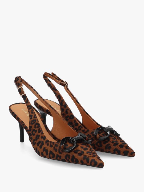 Eppie Leopard Pony Hair Mid Heel Sling Back Shoes