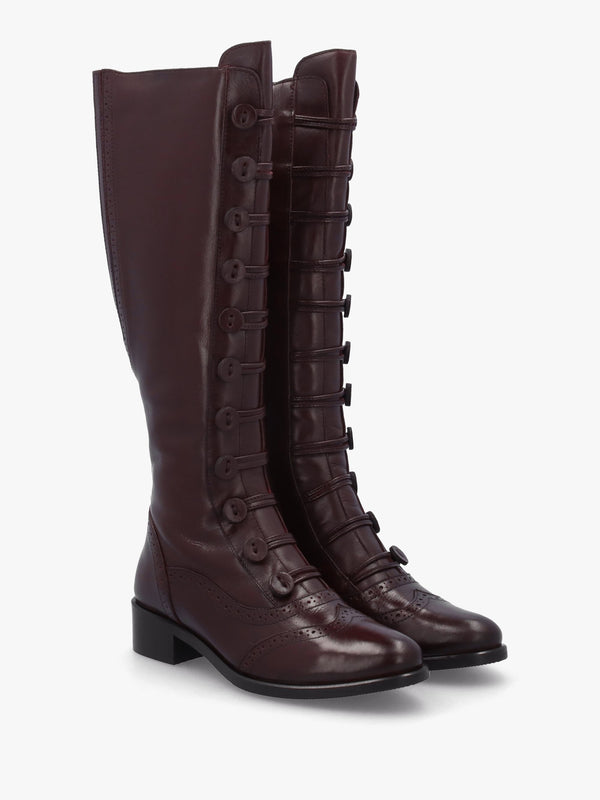 Sherice Brown Leather Button Front Knee Boots
