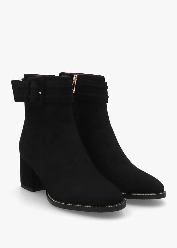 Pacina Black Buckle Strap Block Heel Ankle Boots