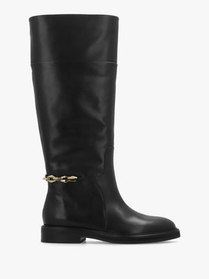 Edith Black Leather Knee High Riding Boots